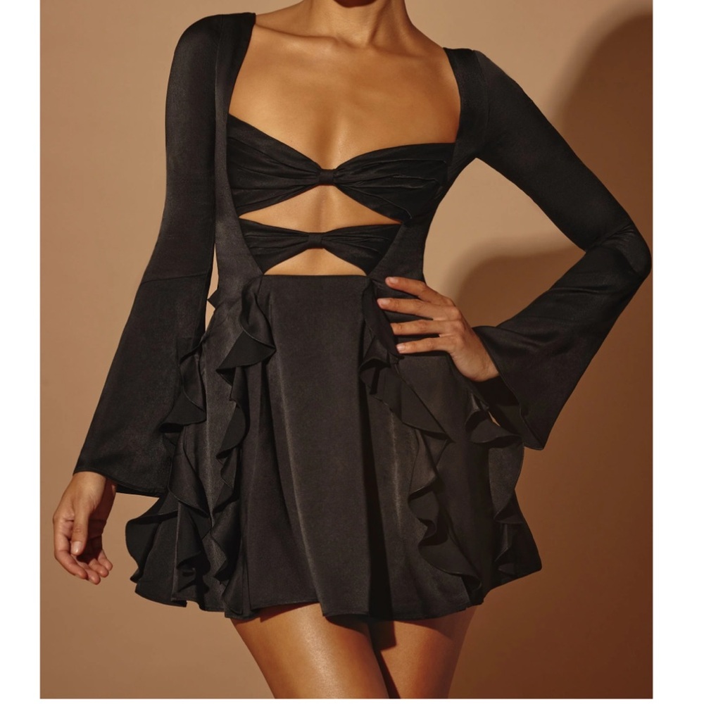 Oh Polly Long Sleeve Bow Mini Dress in Black - 0